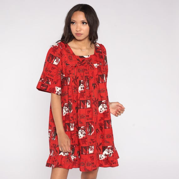 80s Hawaiian Mini Tent Dress Floral Pineapple Print Island Paradise Aloha Babydoll Dress Tropical Block Print Red Cotton Mini Loose Fit XL