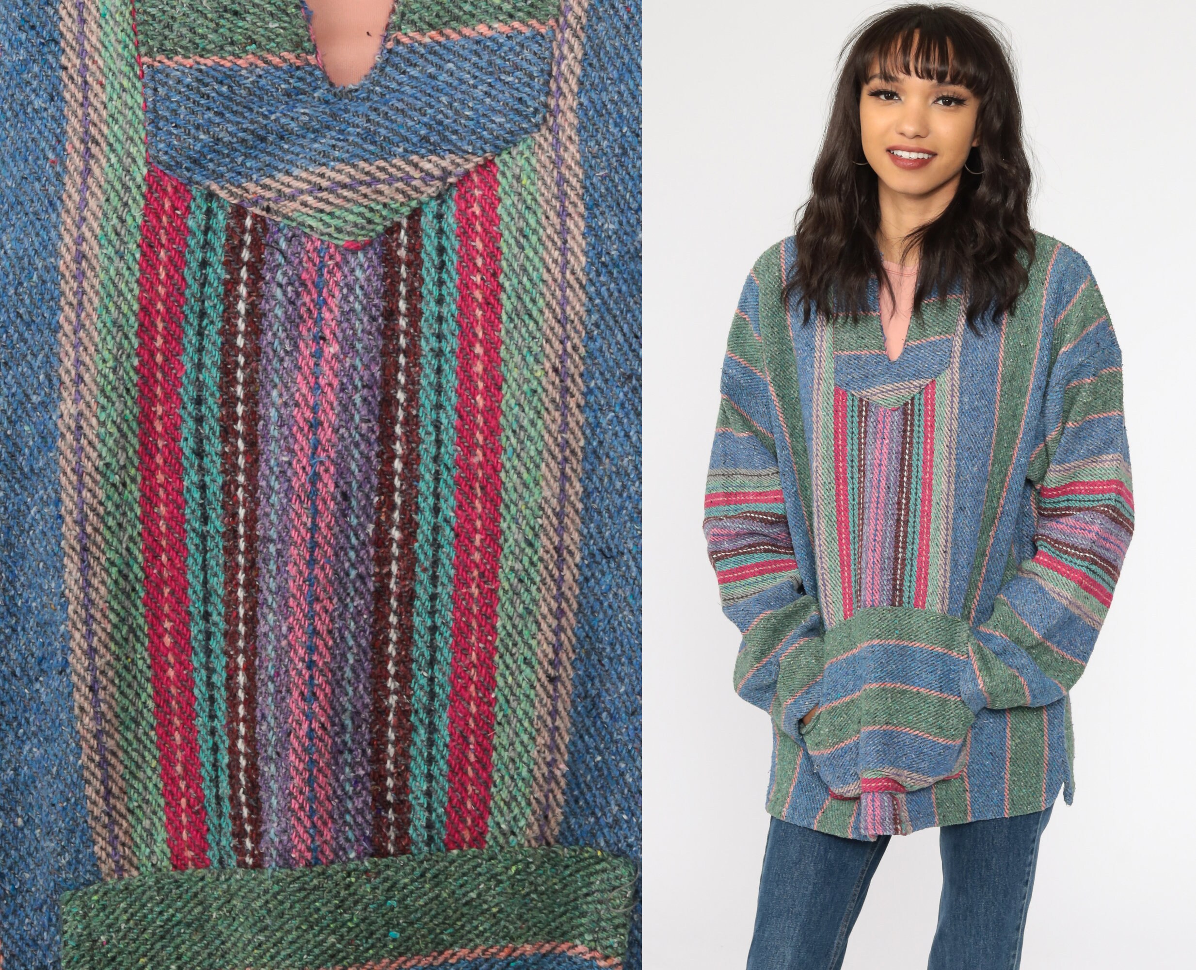 Baja Hoodie Mexican Green Blue Drug Rug Sweatshirt Hippie Boho Hooded Ethnic Vintage Blanket Stripe Bohemian Kangaroo Extra Large Xl