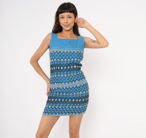 70s Heart Embroidered Mini Dress Tribal Woven Blue Sleeveless Cotton Aztec Pattern Black Pink Yellow Summer Bohemian Hippie Vintage Small S