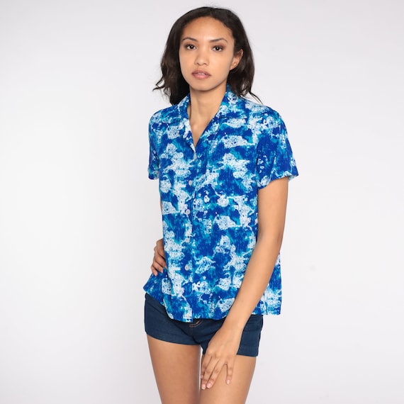 Hippie Blouse Blue Abstract Psychedelic Shirt Button Up 70s Top Bohemian 1970s Boho Vintage Short Sleeve Medium Large