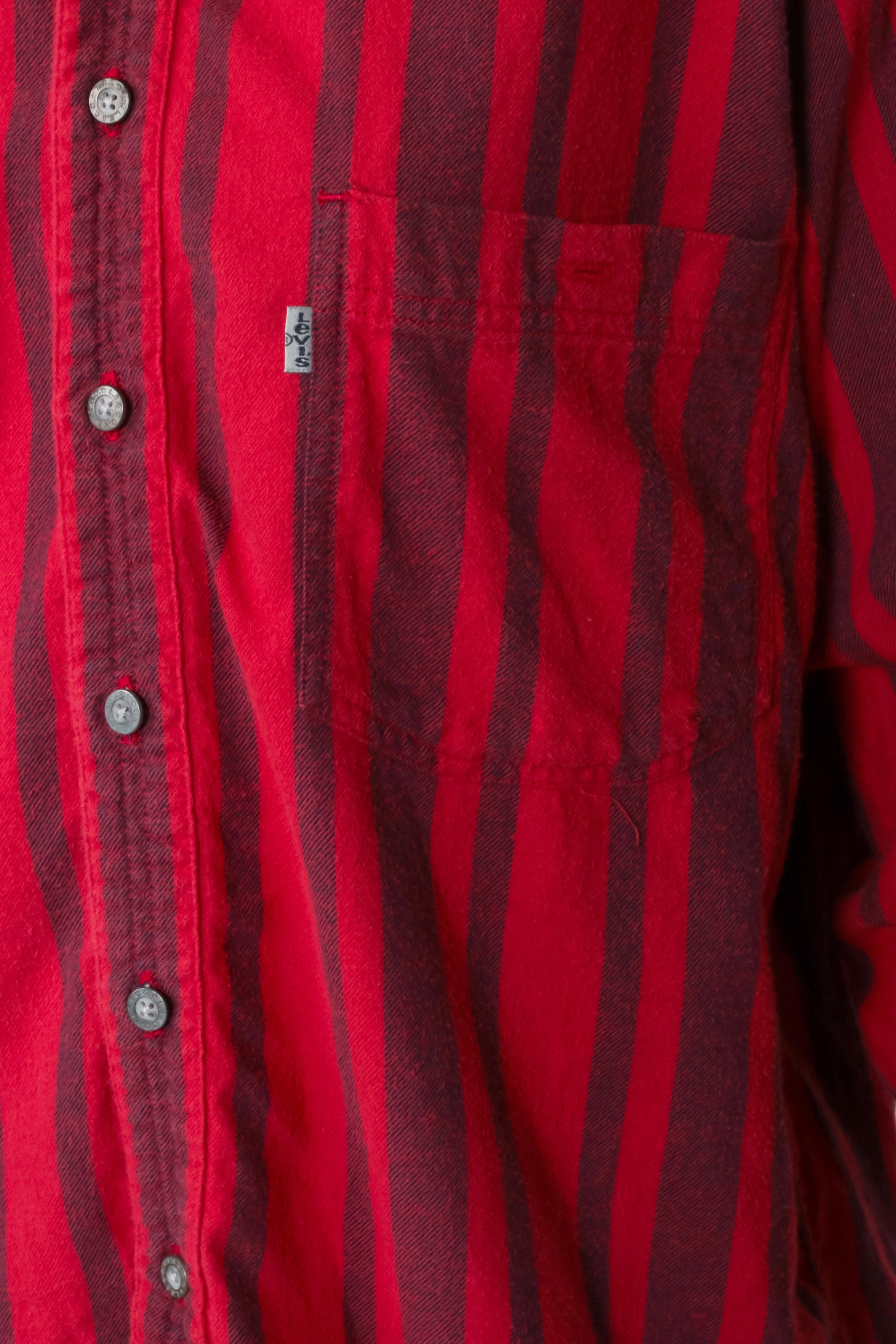 90s Levis Shirt -- Red Striped Shirt Oversized Button Down Shirt Levi Jean Red Boyfriend