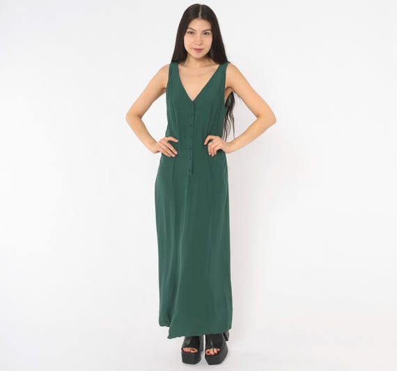 90s Olive Button Front Maxi Dress Sleeveless V Neck Forest Green Fitted Waist A Line Sundress Minimal Column Vintage Ankle Length Medium M