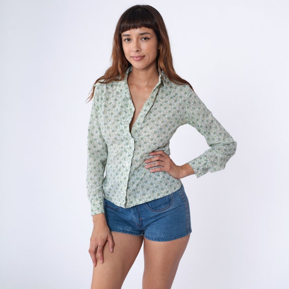 70s Floral Blouse White Boho Shirt Dagger Collar Disco Shirt Button Up Bohemian 1970s Hippie Vintage Green Long Sleeve Extra Small xs Junior