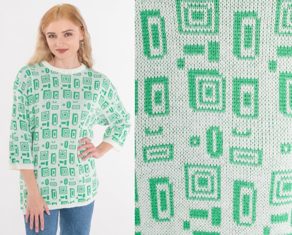 80s Sweater Geometric Knit White Green Square Print Retro Crewneck Groovy Statement Pattern 3/4 Sleeve Pullover Acrylic Vintage 1980s Small