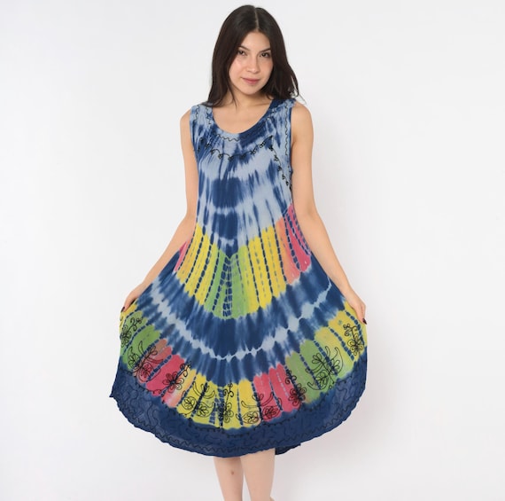 Y2K Tie Dye Sun Dress Blue Sleeveless Embroidered Scoop Neck Trapeze Knee Length Pink Yellow Hippie Beach Cover Up Tank Small Medium Large
