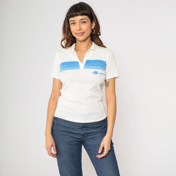 Vintage White Blue Striped Polo Shirt 80s Worlowin Logo Retro Shirt Preppy Johnny Collar Tee 1980s Buttonless Casual Top Small S