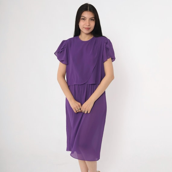 Vintage Purple Tulip Sleeve Dress 80s Layered Midi Dress High Waisted Ruffle 1980s Secretary Knee Length Disco Party Medium M