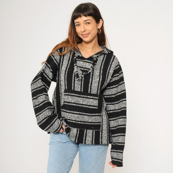 Baja Hoodie Y2K Mexican Striped Drug Rug Sweatshirt Black White Hippie Hooded Blanket Kangaroo Pocket Pullover Sweater Vintage 00s Large