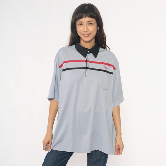 80s Bowling Shirt Light Blue Black Collar Red Stripe Button Front Short Sleeve Cotton Vintage American Legion Kent Ohio Extra Large XL