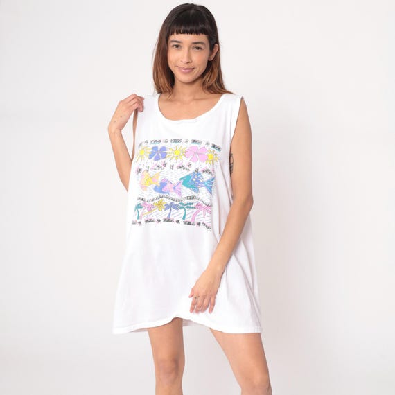 80s Tropical Pajama Dress White Cotton Sleeveless Beach Vacation Fish Hibiscus Palm Tree Floral Print Summer Resort Island Paradise One Size