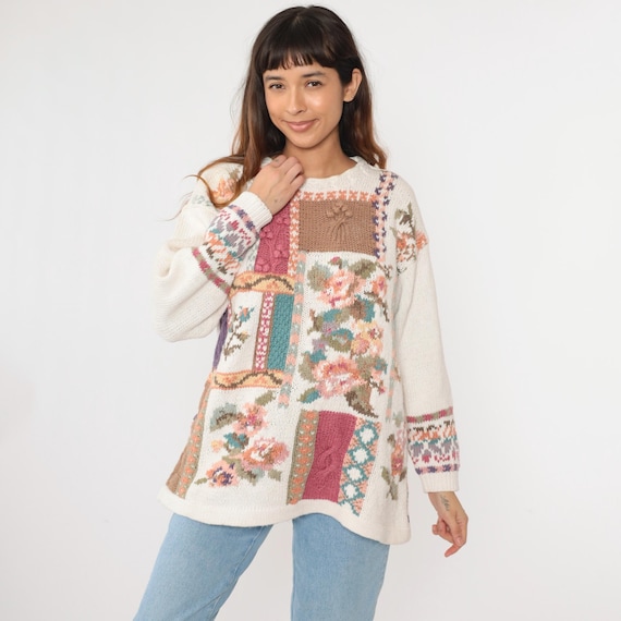Vintage White Floral Sweater 90s Textured Cable Knit Pullover Sweater Pink Patchwork Cotton Ramie Crewneck Jumper Retro 1990s 22 Large xl