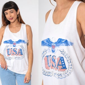 USA Eagle Tank Top 90s Patriotic Graphic Tee Shirt Faded Red White Blue Sleeveless Biker Top Olive Branch Arrow 1990s Retro Medium Large image 1
