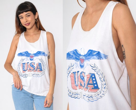 USA Eagle Tank Top 90s Patriotic Graphic Tee Shirt Faded Red White Blue Sleeveless Biker Top Olive Branch Arrow 1990s Retro Medium Large