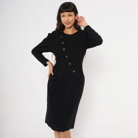 80s Puff Sleeve Dress Black Gold Button Front Asymmetrical Closure Ruched Waist Fitted Body Con Long Sleeve Dark Feminine Office Small S