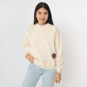 Vintage 90s Cream Sweatshirt Adventure Weekends Patch Slouchy Crewneck Pullover Sweater Basic Plain Solid Blank Shirt 1990s Small Regular