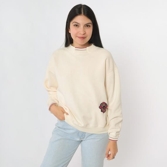 Vintage 90s Cream Sweatshirt Adventure Weekends Patch Slouchy Crewneck Pullover Sweater Basic Plain Solid Blank Shirt 1990s Small Regular