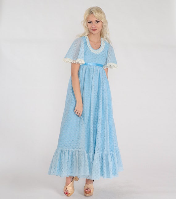 Vintage Blue Eyelet Dress 70s Prairie Maxi Dress Lace Trim Flutter Sleeve Empire Waist Summer Hippie Festival Ankle Length Retro 1970s XS