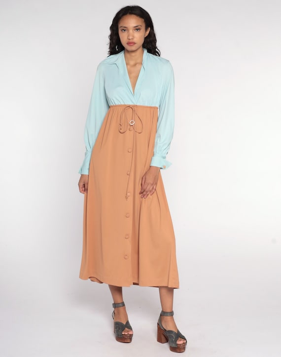 70s Maxi Dress Mod Nightgown Vanity Fair Button Up Empire Waist Color Block Dress Baby Blue Brown Boho 1970s Long Sleeve Vintage Medium