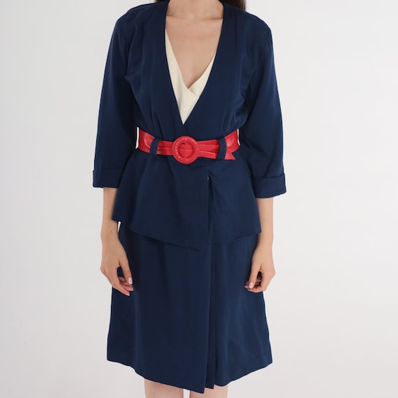 Blue Wrap Dress 80s Belted Secretary Dress High Waisted Preppy Professional Office Midi Long Sleeve Deep V Neck 1980s Vintage Belt Small