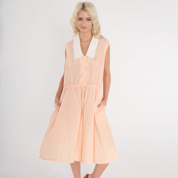 70s Button Up Dress Peach Pink Shirtwaist Dress Semi-Sheer Collared Midi Sleeveless Pastel Shirtdress Day Retro Summer Vintage 1970s Medium