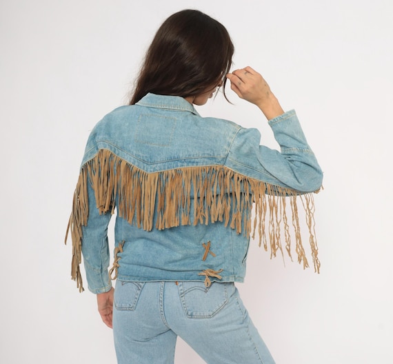 Distressed Fringe Denim Jacket 90s Western Suede Tassel Light Wash Blue Jean Leather Trim Lace Up Back Country Cowgirl Vintage Medium M