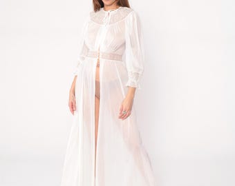 70s Lace Robe Off White Duster Tie Front Vintage Negligee Loungewear Lace Trim Belt Waist Floor Length Lingerie Bridal Honeymoon Sheer Small