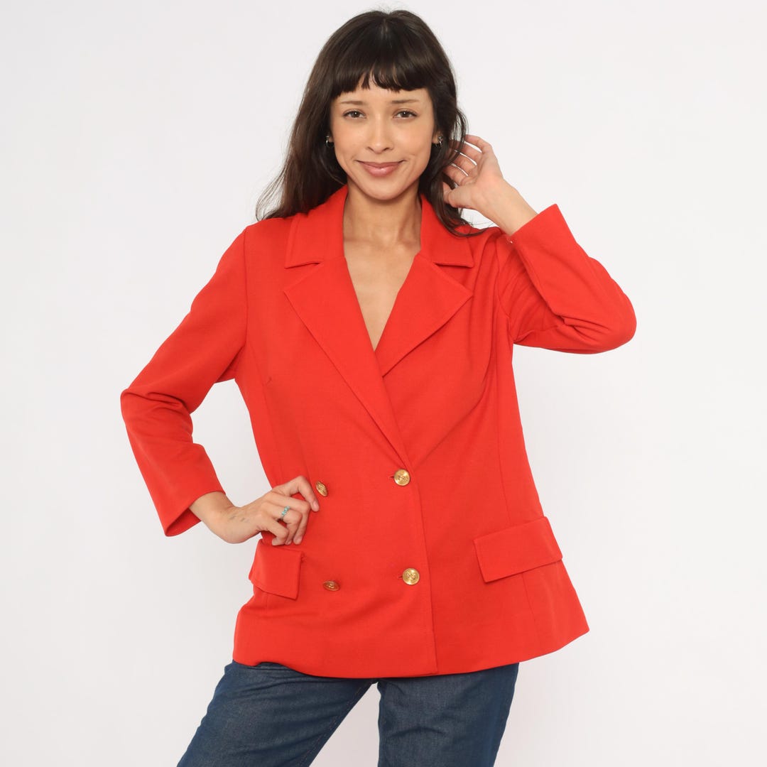 70s Red Double Breasted Blazer Gold Button Jacket Scarlet Coat Flap ...