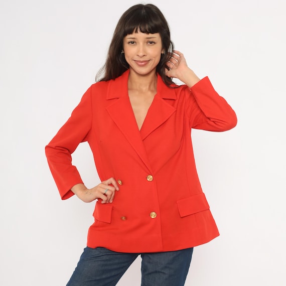70s Red Double Breasted Blazer Gold Button Jacket Scarlet Coat Flap Pocket Power Dressing Vintage Crimson Tomato Formal Corporate Medium M