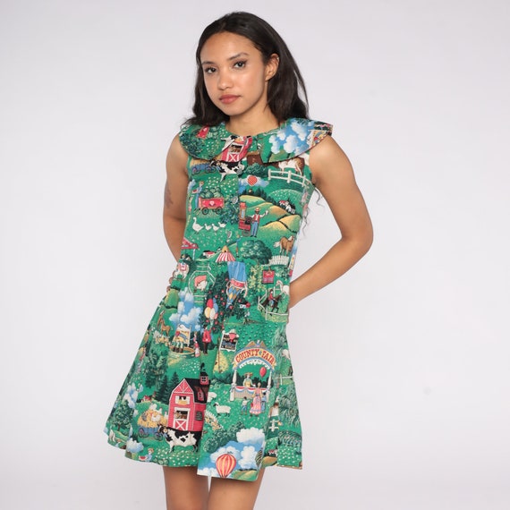 80s Mini Dress Country Fair Dress Vintage Green Novelty Print Dress 1980s Button Up Dress 1980s Farm Animal High Waist Collar Extra Small xs