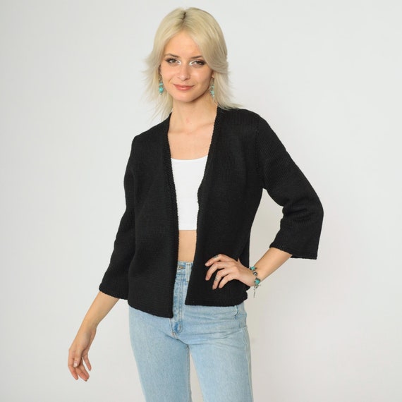 60s Wrap Cardigan Black Open Front Knit Sweater Wool Blend 3/4 Sleeve Sixties Preppy Retro Knitwear Vintage 1960s Small Medium xs