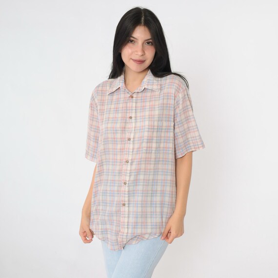 Vintage Cream Plaid Shirt 80s Button Up Shirt Pink Blue Checkered Print Short Sleeve 1980s Top Short Sleeve Shirt Men's Medium M