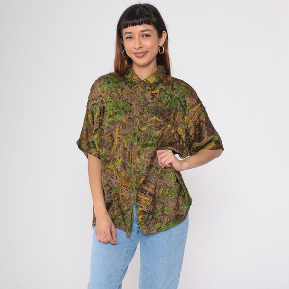 Vintage Geometric Button Up Shirt 90s Tropical Jungle Shirt Brown Green Yellow Short Sleeve 1990s Pocket Shirt Men's Extra Large xl