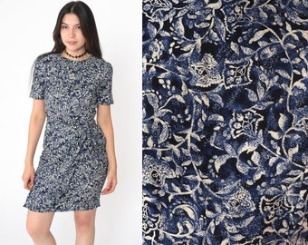 Floral Sheath Dress 90s Mini Dress Flower Print Wrap Tie Skirt Rayon Party Summer Boho Short Sleeve Blue White Vintage 1990s Small 4