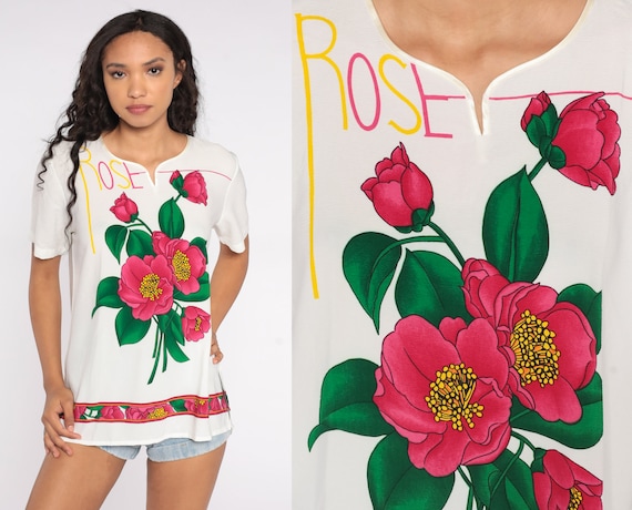 Rose Print Top Y2K Floral Blouse 00's Boho Tunic Top Short Sleeve Shirt Bohemian Hippie Shirt Retro Hipster Flower V Neck Pullover Medium M