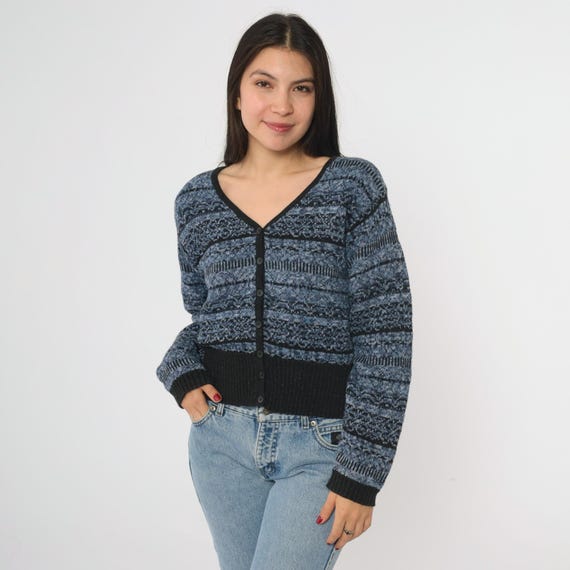 90s Blue Cardigan Lizwear Petite Button Up Black Knit Sweater V Neck Long Sleeve Cropped Striped Pattern Winter Layering Small Petite S