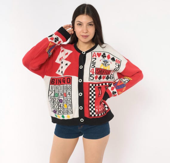 Game Night Cardigan 90s Novelty Knit Playing Card Bingo Chess Sweater Red Black Cotton Button Front Fun Print Vintage Womens Large L