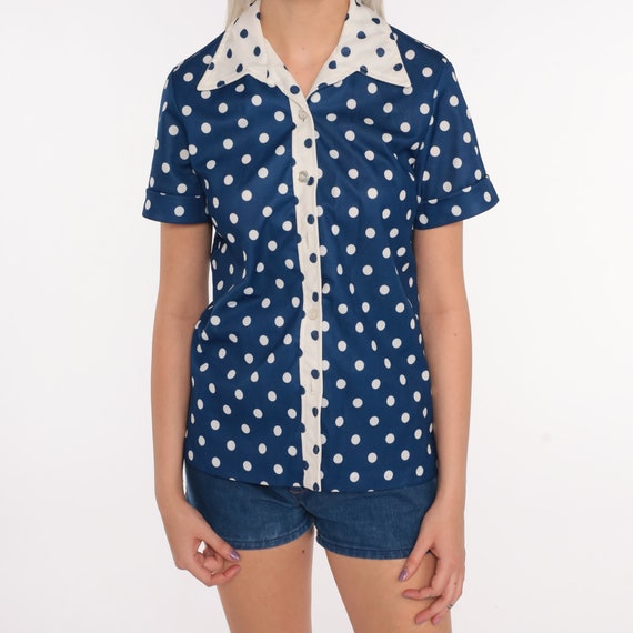 Polka Dot Shirt 70s Top Button Up Shirt Blue Blou… - image 5