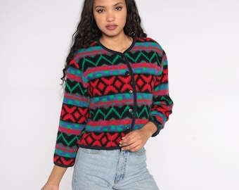 Fleece Southwestern Jacke 90er Jahre Geometric Button Up Zig Zag Gestreift Boho 80er Jahre Southwestern Grunge Boho Rot Blau Grün Vintage Small S