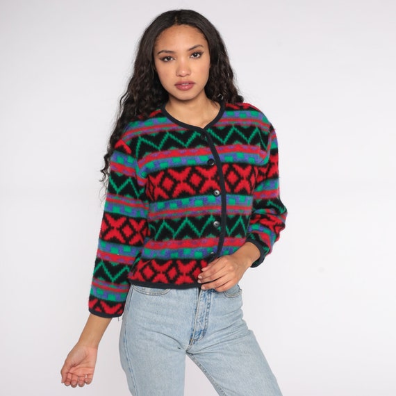 Fleece Southwestern Jacket 90s Geometric Button Up Zig Zag Striped Bohemian 80s Southwest Grunge Boho Red Blue Green Vintage Small S