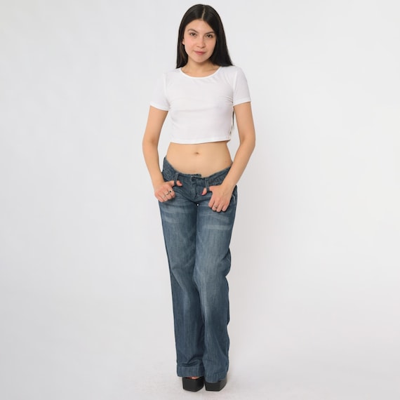 Low Rise Jeans Y2K American Eagle Dark Blue Denim Wide Leg Flare Boot Cut Cotton Vintage 2000s Grunge Hip Hugger Ultra Low Waist Small S 4