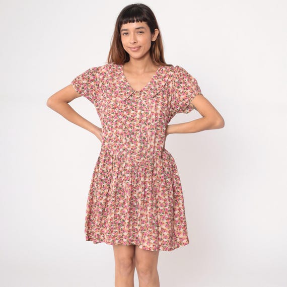 Floral Mini Dress 90s Puff Sleeve Button Front Knee Length Cottagecore Prairie Vintage Pink Purple Green Summer Smocked Waist Large L