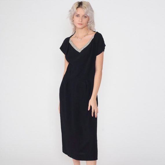 50s Black Party Dress Vintage Midi Dress Beaded Rhinestone V Neck Short Sleeve Shift Simple Evening Cocktail Formal Basic Plain 1950s Medium