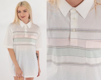 White Striped Polo Shirt 80s Collared T-Shirt Retro Half Button Up Short Sleeve TShirt Preppy Pastel Green Pink Vintage 1980s Large L