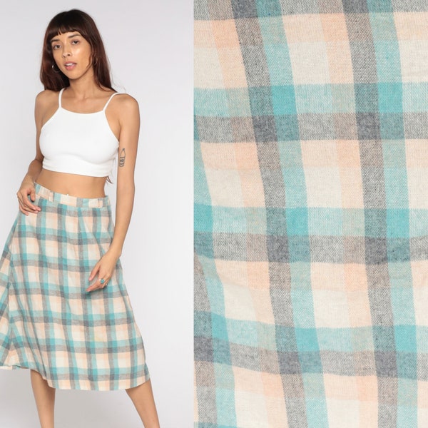 Wool Plaid Skirt Tartan Skirt Midi Kilt School Girl High Waist 70s Checkered Retro Vintage Turquoise White Peach Medium