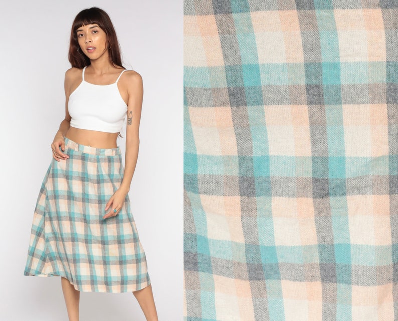 Wool Plaid Skirt Tartan Skirt Midi Kilt School Girl High Waist 70s Checkered Retro Vintage Turquoise White Peach Medium image 1