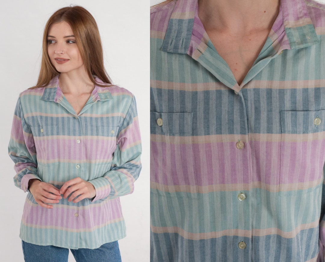 Vintage 90s Orange Brown Geometric Pattern Fitted Button Up Blouse Shirt M 12 14