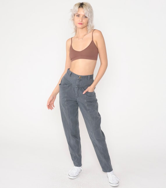 Vintage Grey Tapered Pants 90s Trousers High Waisted Cargo Pocket Pants Retro Preppy Casual Relaxed Slacks 1990s Small 26