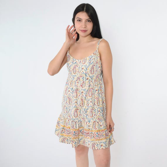 70s Paisley Sun Dress Vintage Boho Empire Waist Babydoll Mini Dress Cream Spaghetti Strap Sundress Bohemian Summer Extra Small xs