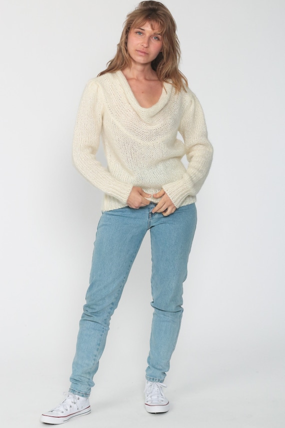 Sheer Cream Sweater 80s Wool Blend Sweater Slouchy Plain Sweater 1980s Jumper Vintage Retro Sweater Pullover Small