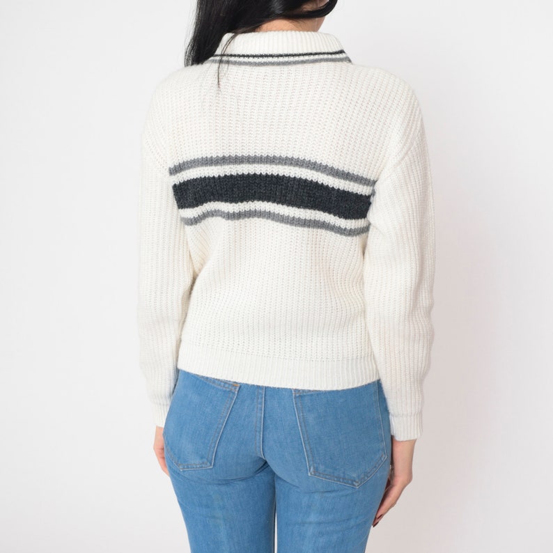 Striped Turtleneck Sweater 80s Off-White Black Grey Pullover Knit Sweater Retro Seventies Knitwear Acrylic Vintage 1980s White Stag Small image 6